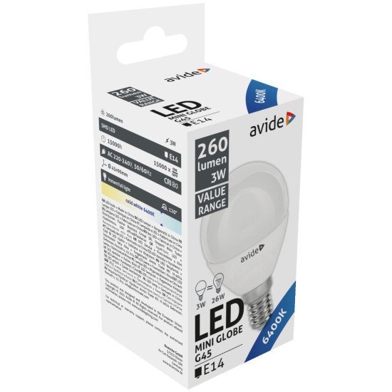 Avide value led mini globe e14 3w cw 6400k