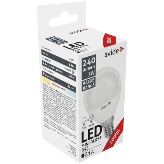 Avide value led mini globe e14 3w ww 3000k