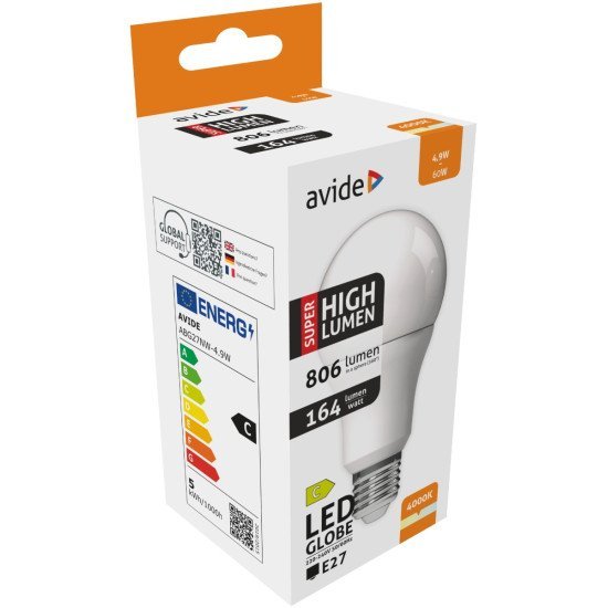 Avide led κοινή a60 4.9w e27 λευκό 4000k super υψηλής φωτεινότητας