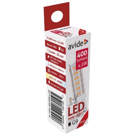 Avide led 4.5w g9 220° θερμό 3000k Avide led 4.5w g9 220° θερμό 3000k