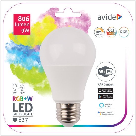 Avide led smart κοινή a60 9w rgb+w wifi app control