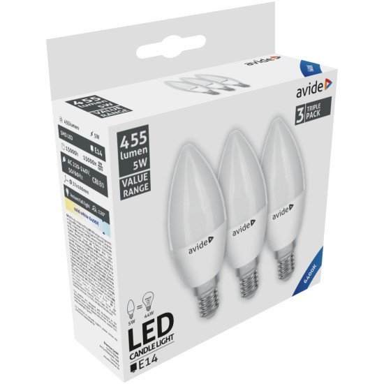 Avide value led candle e14 5w cw 6400k triple pack