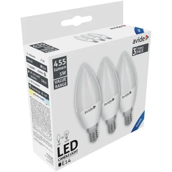 Avide value led candle e14 5w cw 6400k triple pack