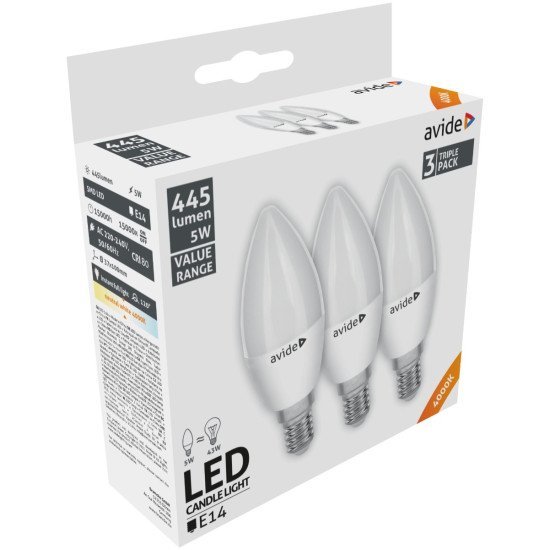 Avide value led candle e14 5w nw 4000k triple pack
