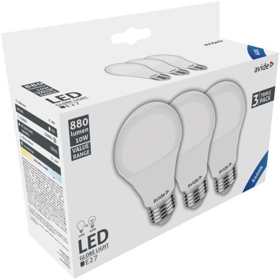 Avide value led globe e27 10w cw 6400k triple pack
