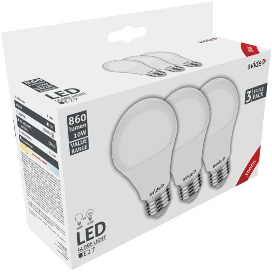 Avide value led globe e27 10w ww 3000k triple pack