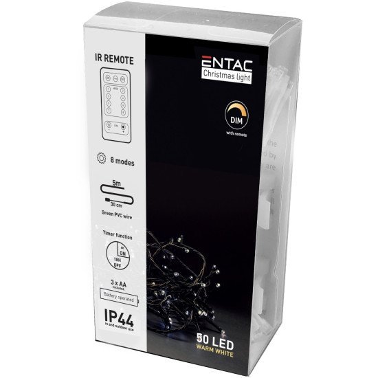 Entac χριστουγεννιάτικα λαμπάκια ip44 50 led θερμό 5μ με τηλεχειριστήριο (2xaa δεν περιλαμβ.)