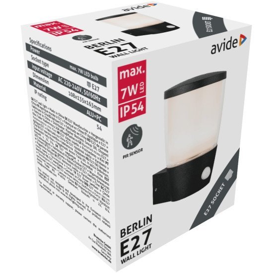 Avide εξωτερικό φωτιστικό τοίχου berlin 1xe27 με motion αισθητήρας κίνησης ip54