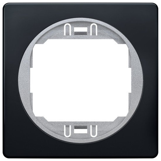 Eon e6801.e1s one-gang frame 80x80, soft-touch black with silver holder Eon e6801.e1s one-gang frame 80x80, soft-touch black with silver holder
