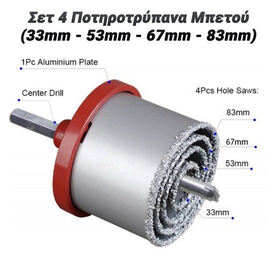 Σετ 4 Ποτηροτρύπανα Μπετού (33Mm - 53Mm - 67Mm - 83Mm) Σετ 4 Ποτηροτρύπανα Μπετού (33Mm - 53Mm - 67Mm - 83Mm)