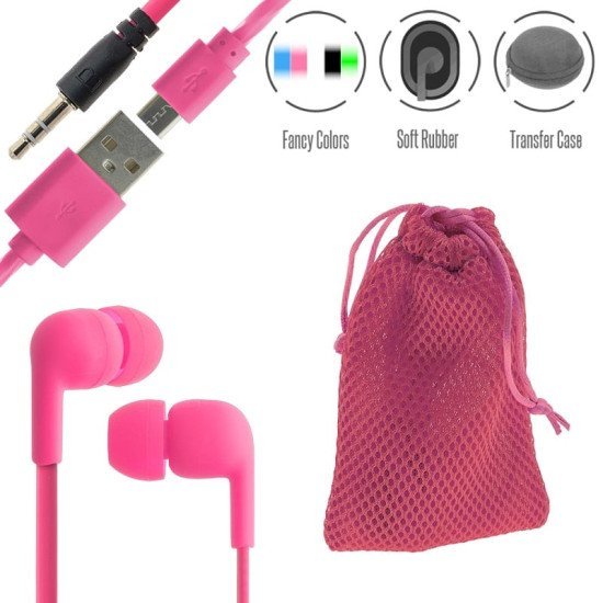 Stereo hi-fi earphones pink+ θήκη πουγκί+ usb to micro Stereo hi-fi earphones pink+ θήκη πουγκί+ usb to micro