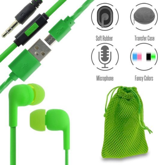 Stereo hi-fi handsfree green+ θήκη πουγκί+ usb to micro Stereo hi-fi handsfree green+ θήκη πουγκί+ usb to micro