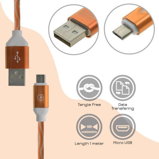Πλεκτό Καλώδιο Φόρτισης - Δεδομένων Micro Usb Orange 1M Πλεκτό Καλώδιο Φόρτισης - Δεδομένων Micro Usb Orange 1M