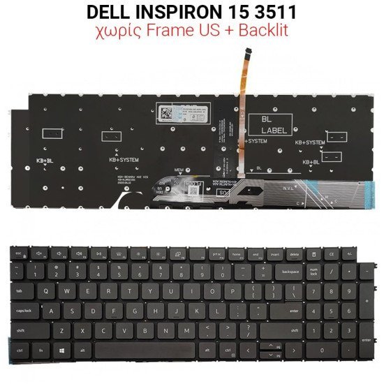 Πληκτρολόγιο Dell Inspiron 15 3511 No Frame Us + Backlit Πληκτρολόγιο Dell Inspiron 15 3511 No Frame Us + Backlit