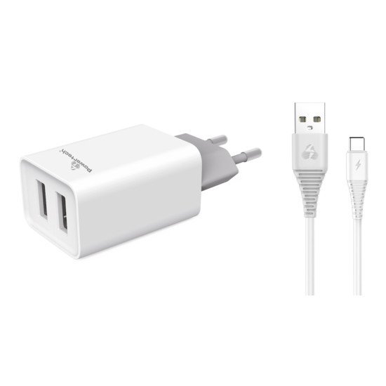 Powertech Φορτιστής Τοίχου & Καλώδιο Usb Type-C Pt-776, 2X Usb, 2.1A