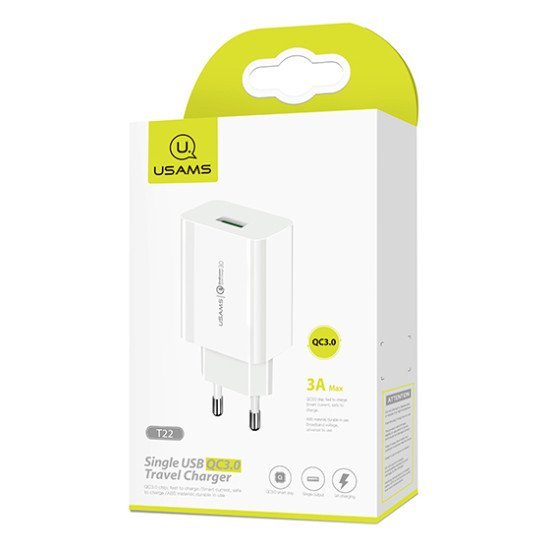 Usams Φορτιστής Τοίχου T22, 1X Usb, Qc3.0 18W 3A, Λευκός Usams Φορτιστής Τοίχου T22, 1X Usb, Qc3.0 18W 3A, Λευκός