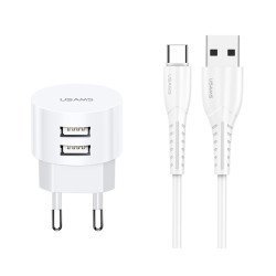 Usams Φορτιστής Τοίχου T20 & Καλώδιο Type-C, 2X Usb, 2.1A, Λευκός