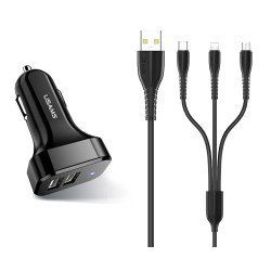 Usams Φορτιστής Αυτοκινήτου C13 & Καλώδιο 3 Σε 1, 2X Usb, 2.1A, Μαύρο