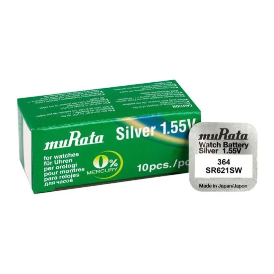 Murata Μπαταρία Silver Oxide Για Ρολόγια Sr621Sw, 1.55V, No 364, 10Τμχ Murata Μπαταρία Silver Oxide Για Ρολόγια Sr621Sw, 1.55V, No 364, 10Τμχ