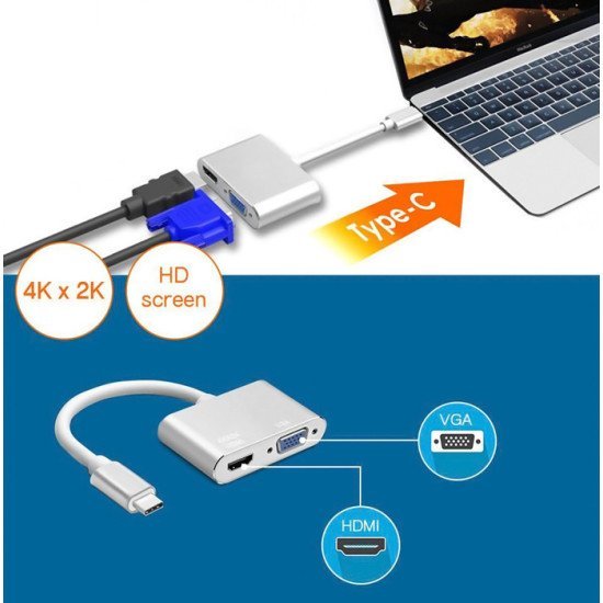 Powertech Αντάπτορας Usb Type-C Σε Vga + Hdmi 4K Pth-041, Ασημί