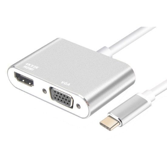 Powertech Αντάπτορας Usb Type-C Σε Vga + Hdmi 4K Pth-041, Ασημί