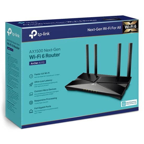 Tp-Link Router Archer Ax10, Wi-Fi 6, 1500Mbps Ax1500 Dual Band, Ver. 1.0
