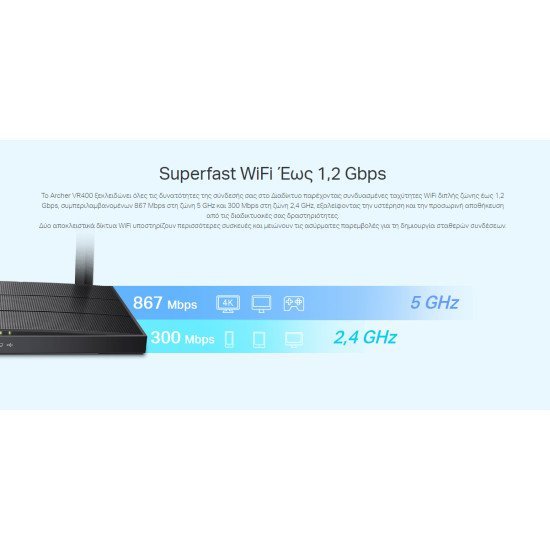 Tp-Link Modem/Router Archer Vr400, Vdsl/Adsl, 1200Mbps Ac1200, Ver. 3.0