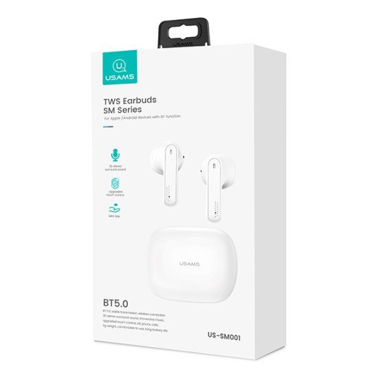 Usams Earbuds Us-Sm001 Με Θήκη Φόρτισης, True Wireless, Λευκά