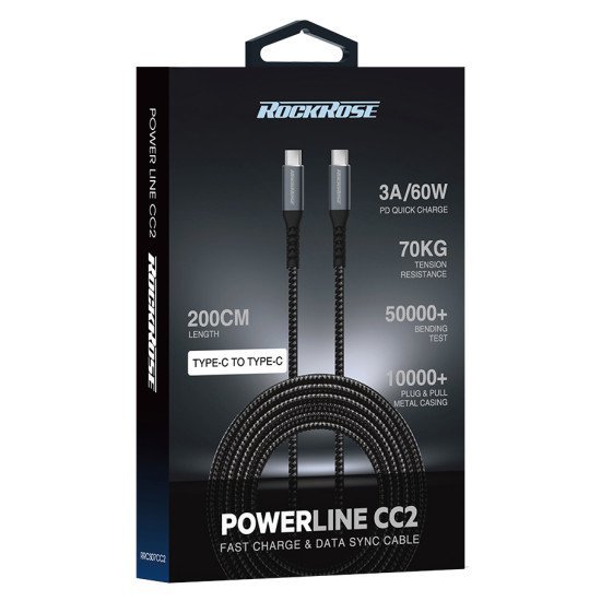 ROCKROSE καλώδιο USB Type-C Powerline CC2, 3A 60W, 2m, μαύρο-μπλε