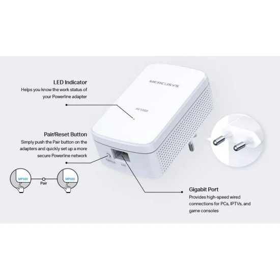 Mercusys Powerline Mp500 Kit, Av1000 Gigabit, Ver: 1.0 Mercusys Powerline Mp500 Kit, Av1000 Gigabit, Ver: 1.0