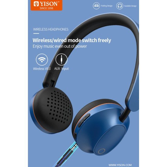 Yison Headphones Hanker H3, Wireless & Wired, Bt 5.0, 40Mm, Μπλε