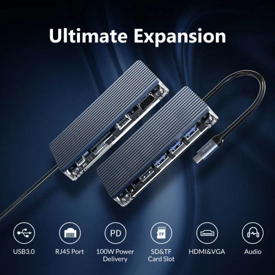 ORICO docking station WB-11P, USB-C, 11-ports, 100W, διάφανο ORICO docking station WB-11P, USB-C, 11-ports, 100W, διάφανο