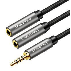Cabletime Καλώδιο Stereo 3.5Mm M Σε 2X 3.5Mm F Av309, 4Pole, 0.2M, Μαύρο