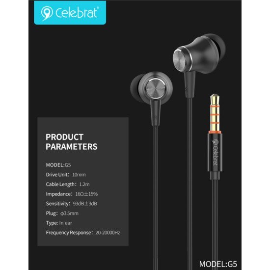 Celebrat Earphones Με Μικρόφωνο G5, 3.5Mm, 1.2M, Μαύρα