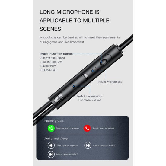 AWEI earphones με μικρόφωνο ES-180I, 3.5mm, 1.2m, μαύρα