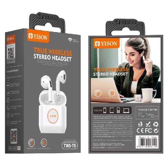 Yison Earphones Με Θήκη Φόρτισης T8, True Wireless, Λευκά