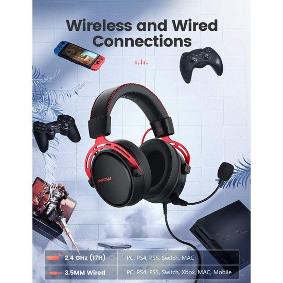 Mpow Gaming Headset Air 2.4Ghz, Wireless & Wired, Mic, Μαύρο-Κόκκινο