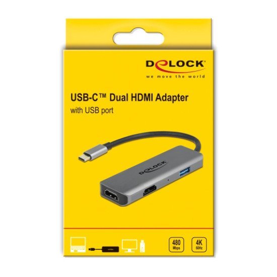 Delock Αντάπτορας Usb-C Σε Usb & 2X Hdmi 87780, 480Mbps, 4K, Γκρι