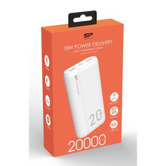 Silicon Power Power Bank Qs15, 20000Mah, 2X Usb & Usb Type-C, 18W, Λευκό