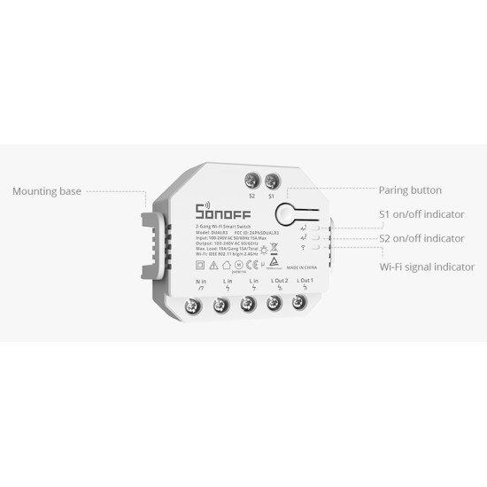 Sonoff Smart Διακόπτης Dualr3, 2-Gang, Wifi, 15A, Λευκός Sonoff Smart Διακόπτης Dualr3, 2-Gang, Wifi, 15A, Λευκός
