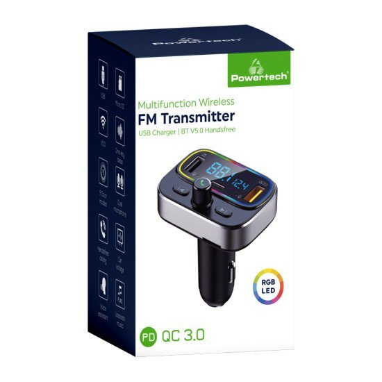 Powertech Fm Transmitter Pt-999 Με Οθόνη, Rgb, Qc3.0, Bluetooth, Μαύρος