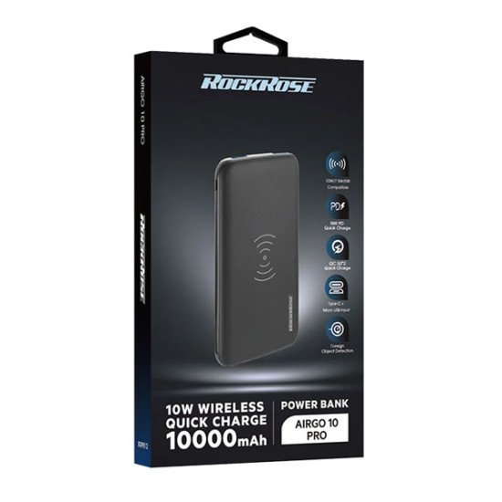 ROCKROSE power bank RRPB12, 10000mAh, 3x output & wireless, 18W, μαύρο