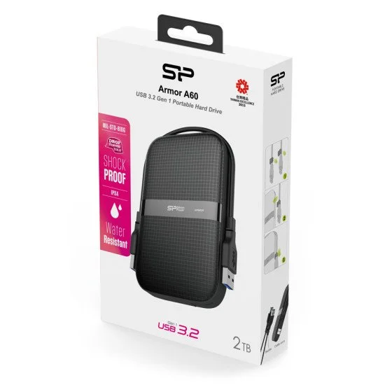 Silicon Power Εξωτερικός Hdd Armor A60, 2Tb, Usb 3.2, Μαύρος