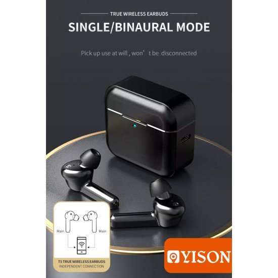 Yison Earphones Με Θήκη Φόρτισης T5, True Wireless, Μαύρα