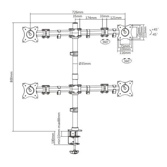 Itechmount Βάση Γραφείου Mbs-22F Για 4 Οθόνες 13"-27", 8Kg Ανά Οθόνη