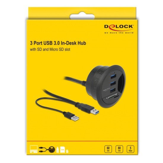 Delock Usb Hub 62869, 3X Usb, Micro Sd & Sd, 5Gbps, 60/80Mm, Μαύρο