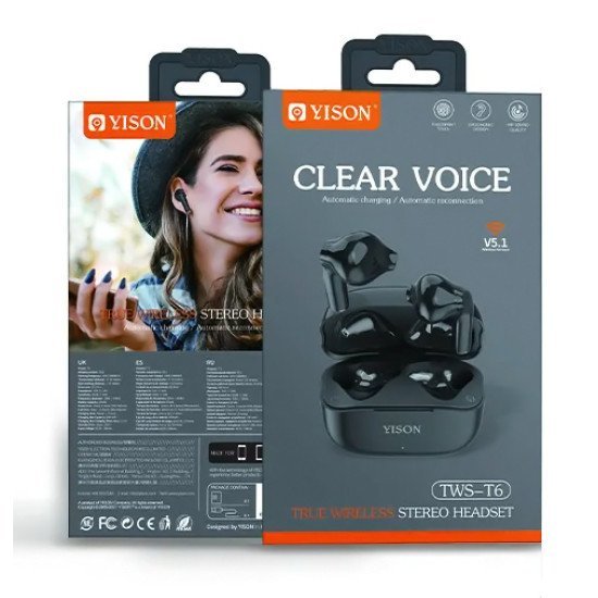 Yison Earphones Με Θήκη Φόρτισης Tws-T6, True Wireless, Μαύρα