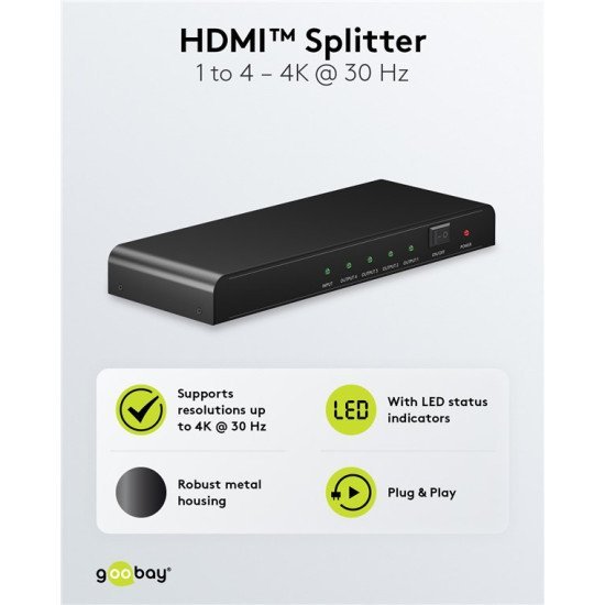 Goobay Hdmi Splitter 58482, 1-In Σε 4-Out, 4K/30Hz, Μαύρο