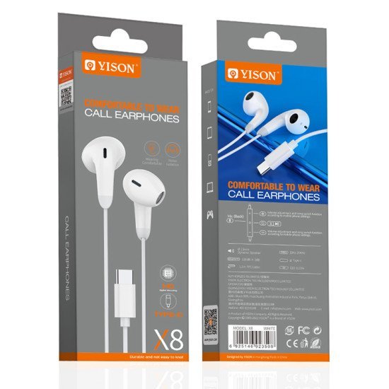 Yison Earphones Με Μικρόφωνο X8, Usb-C, 13Mm, 1.2M, Λευκά