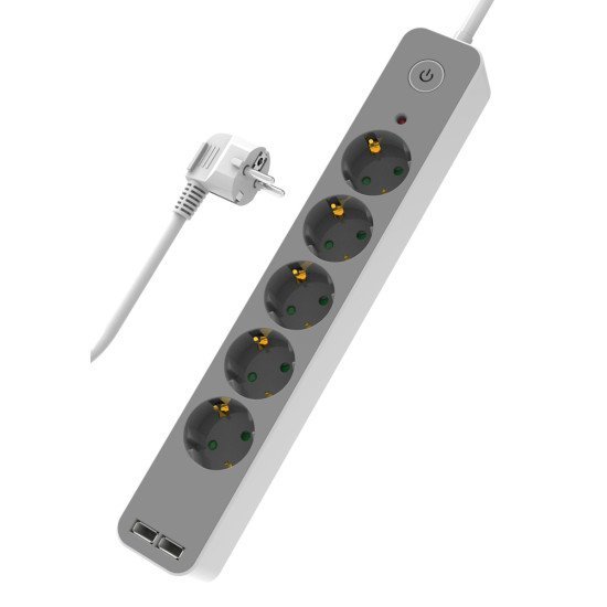 Powertech Πολύπριζο Ασφαλείας Pt-1059 5X Schuko/2X Usb, 16A, 1.4M, Λευκό